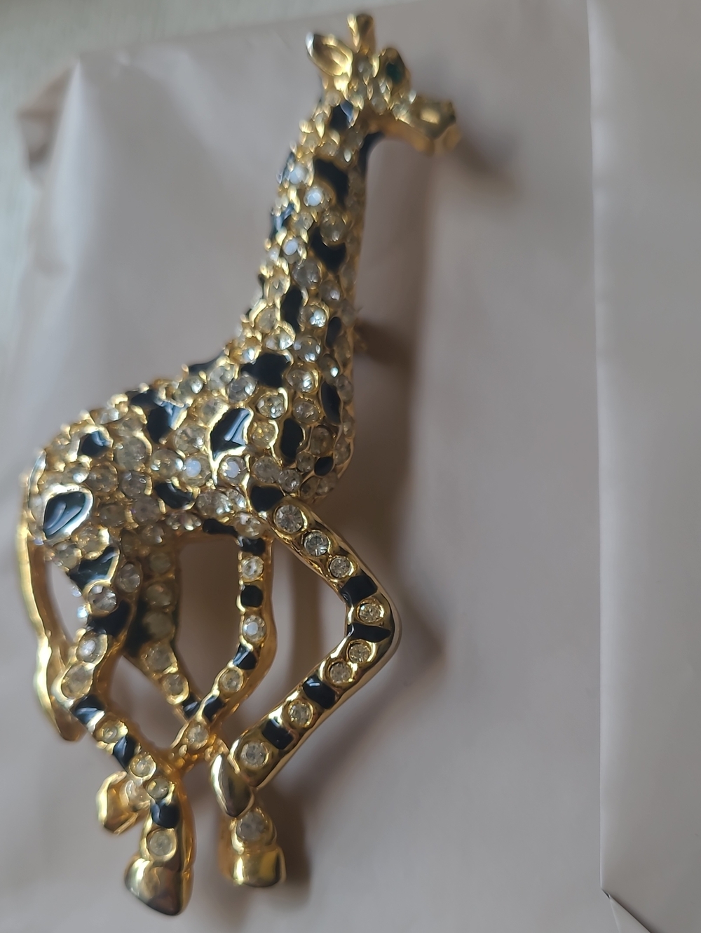 Gold and Black Crystal Giraffe With Green Eyes Brooch - Elegant Animal Pin